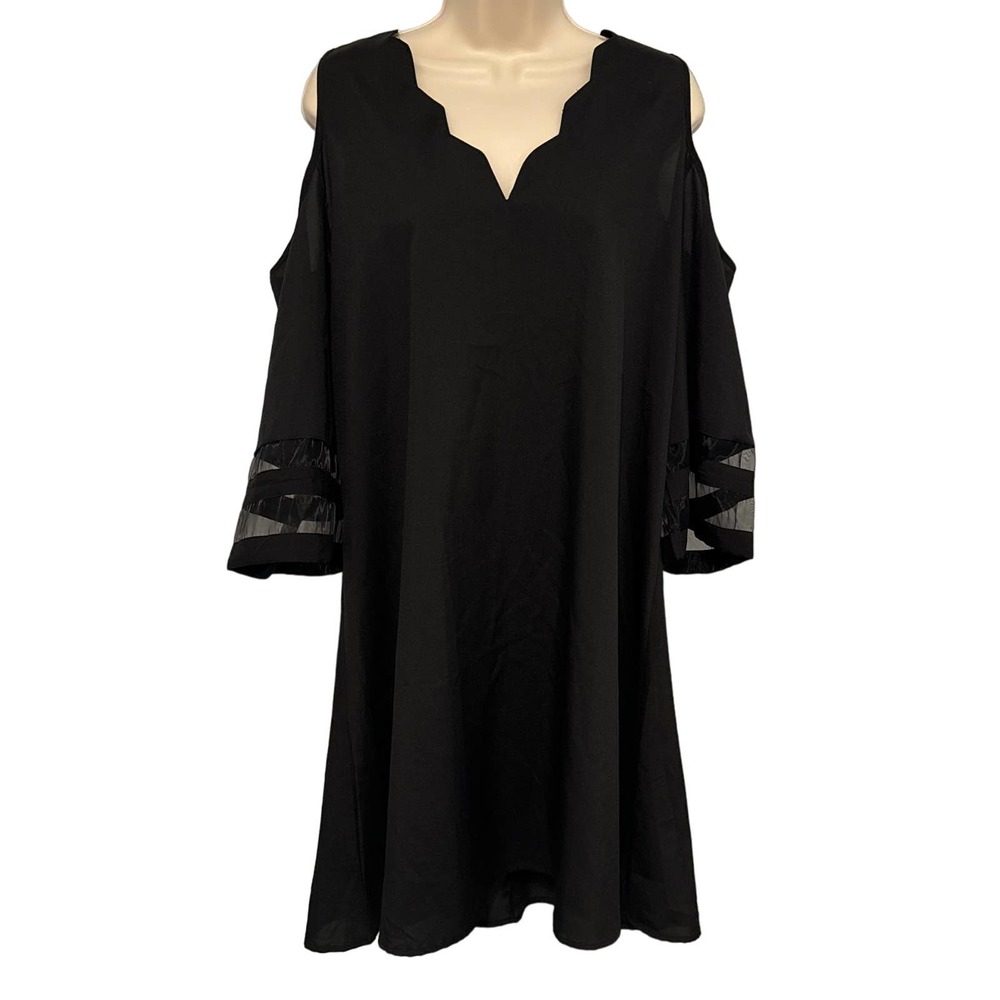 Black Silky Cold Shoulder A Line 3/4 Sleeve Dress‎ NWT Size XXL